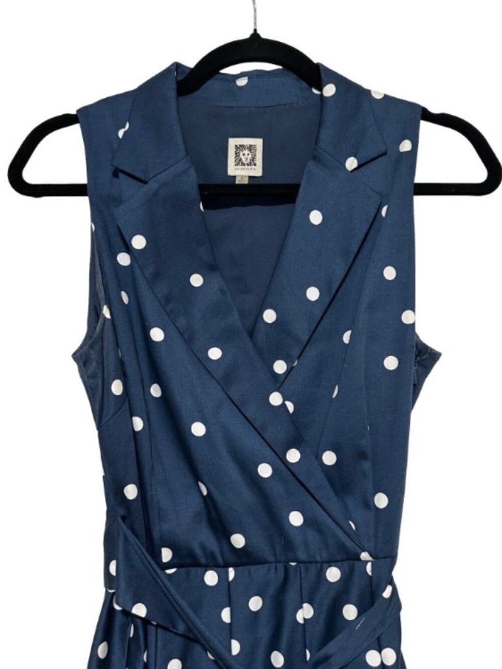 Anne Klein Navy Blue Polka Dot Faux Wrap Dress 6 - Picture 5 of 11